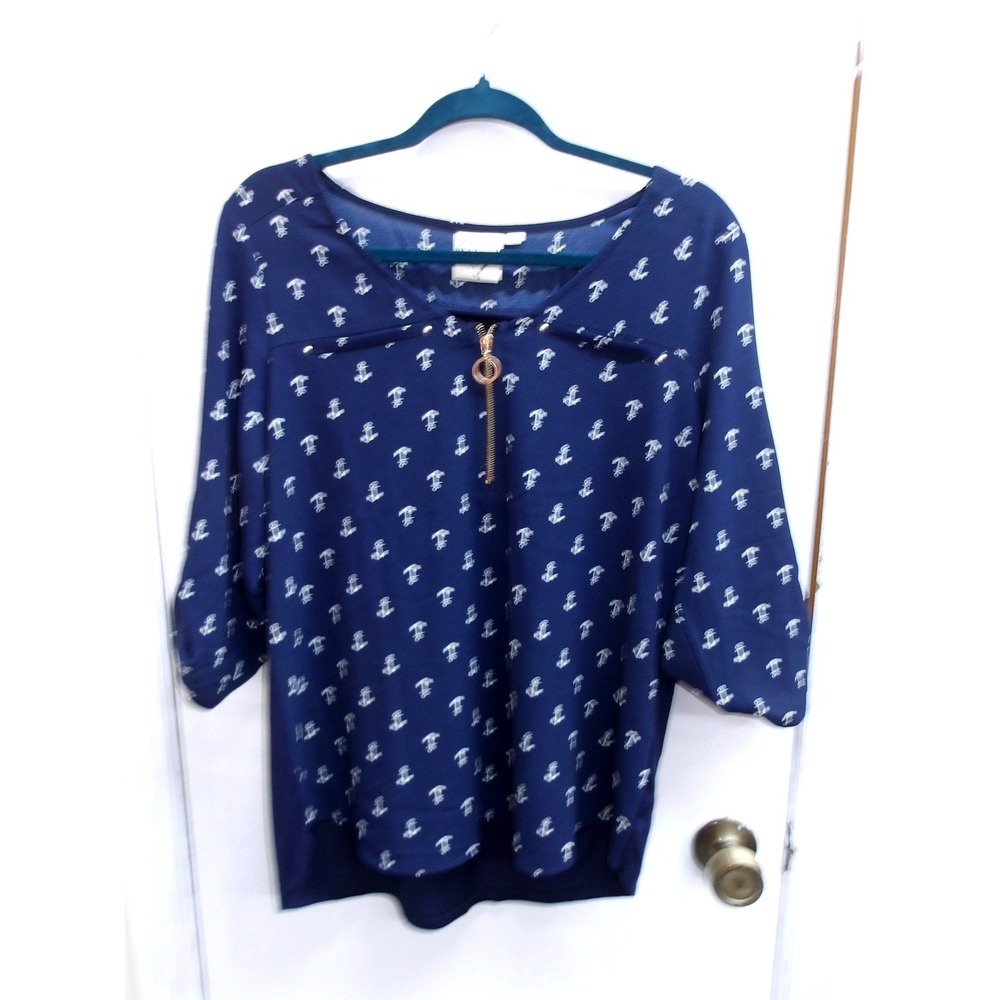 Janet Chung Navy Blue Nautical Anchor Print Blouse Top‎ Womens Lg /#26381